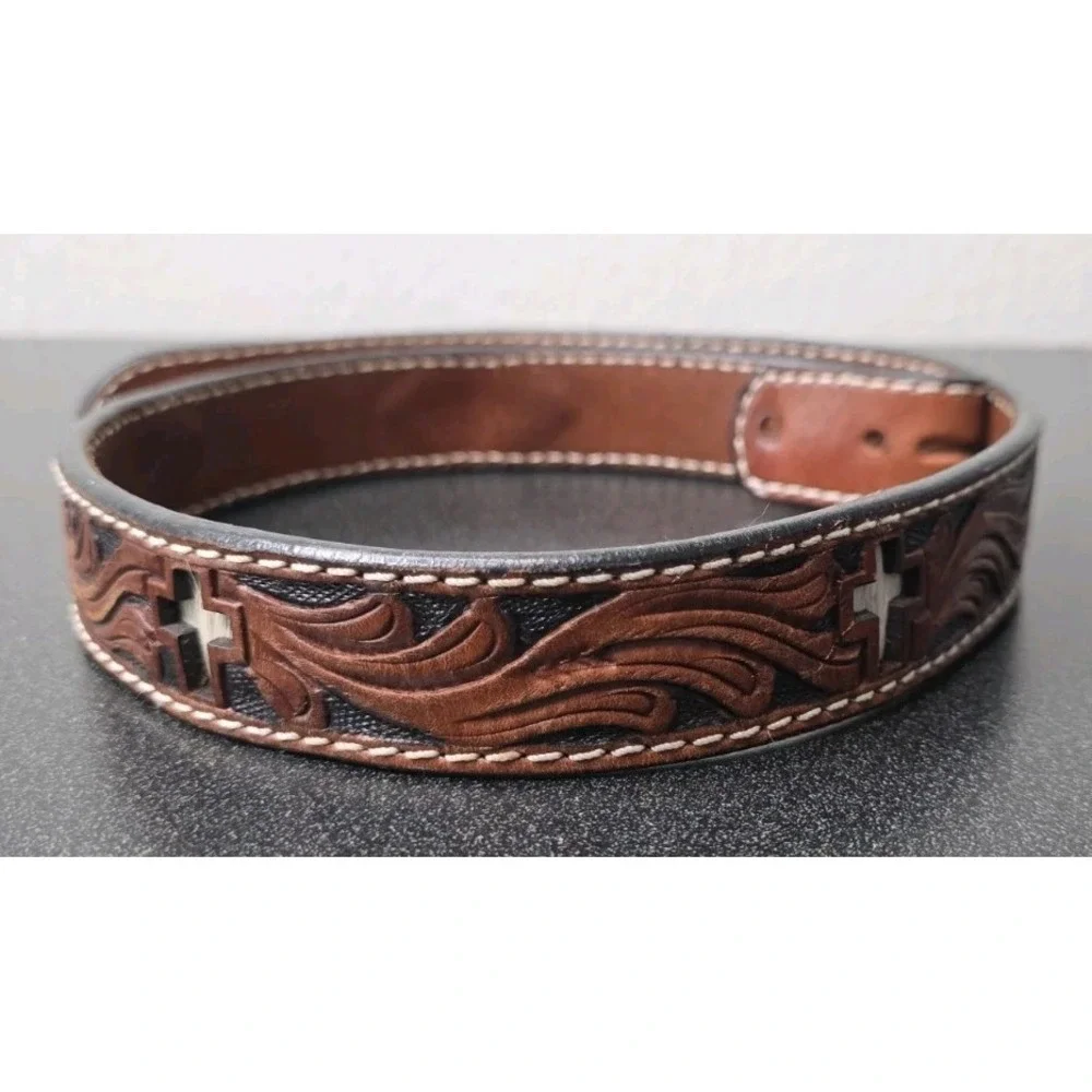 Ranger Belt Co. Tooled Brown Leather Belt Cowhide Inlay Crosses Kids 28 Rodeo